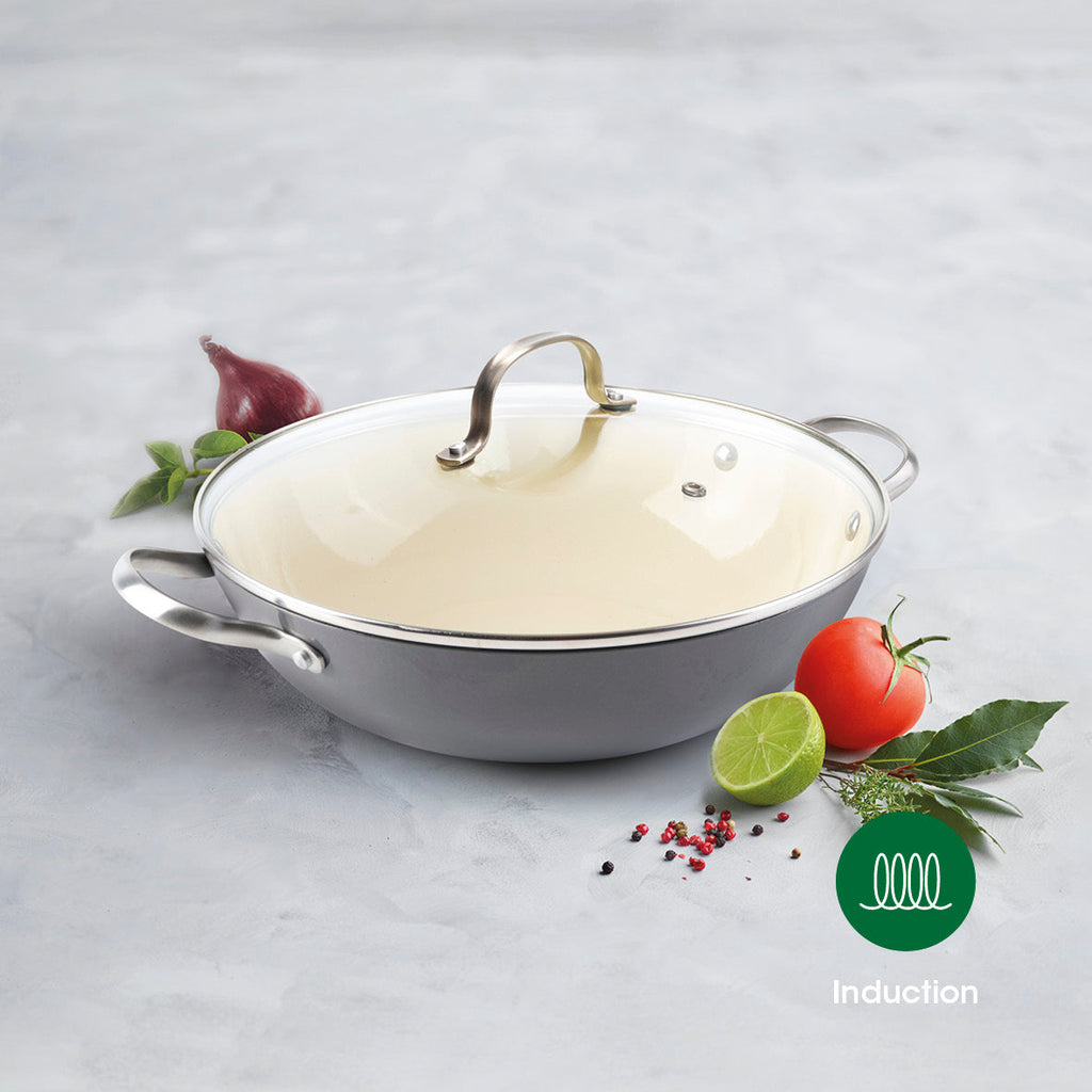Enameled cast iron wok pan with lid 30 cm - Dark grey