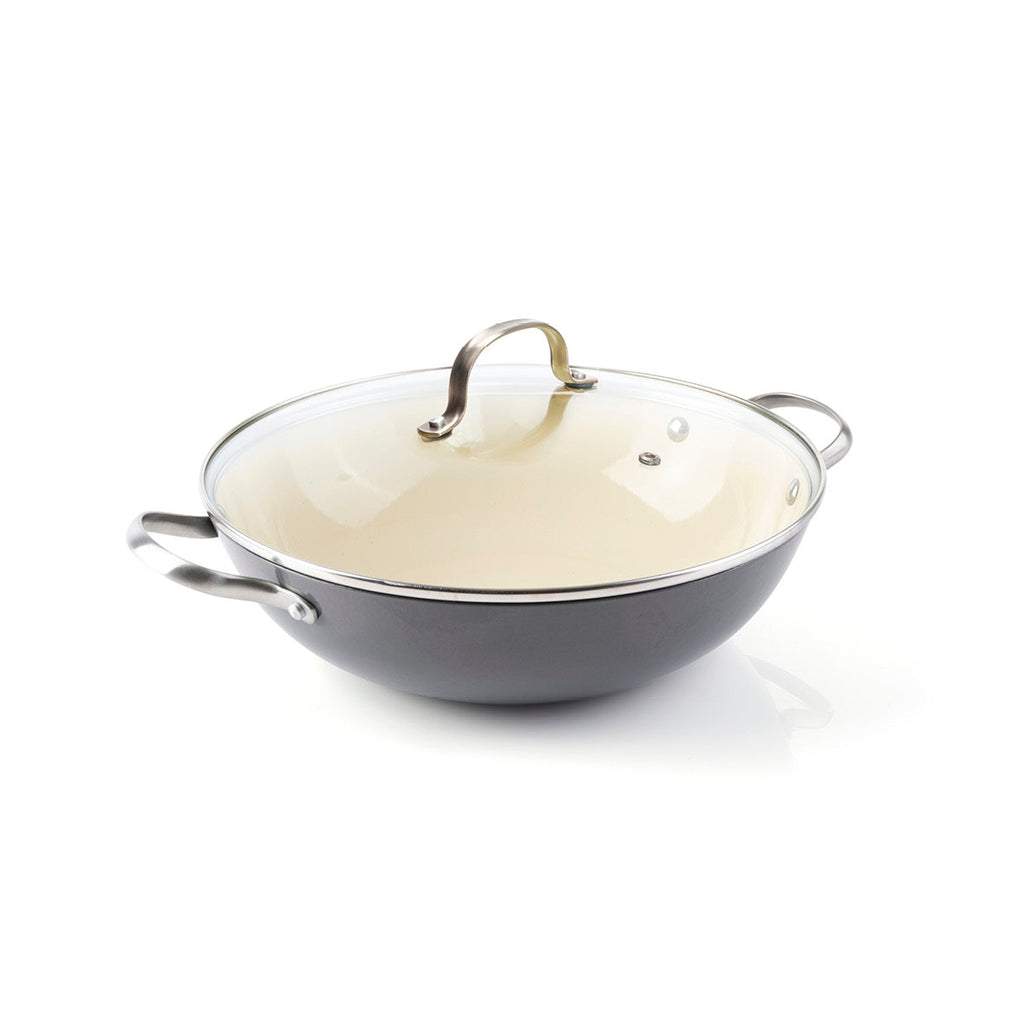 Enameled cast iron wok pan with lid 30 cm - Dark grey