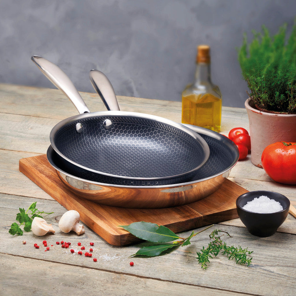 Set of 2 stainless steel triply frypans non-stick honeycomb coating 20 + 24 cm - Silver