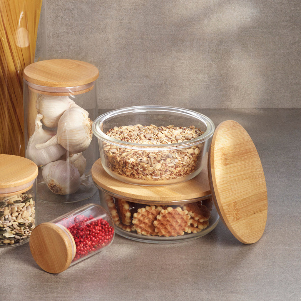 Set of 2 round glass containers with bamboo lid