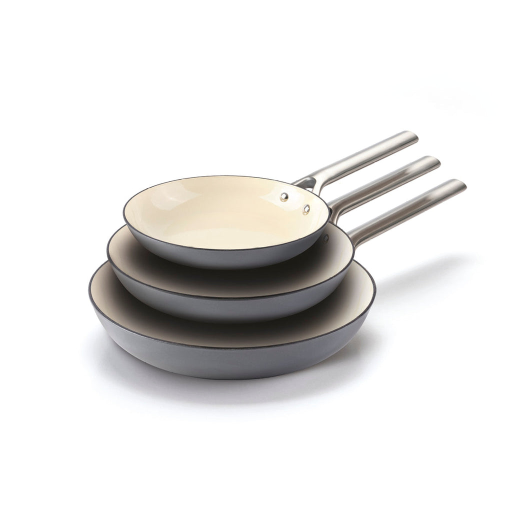 Set of 3 enameled cast iron frypans with stainless steel handle 20+ 24 + 28 cm - Grey - 3 PCS SET